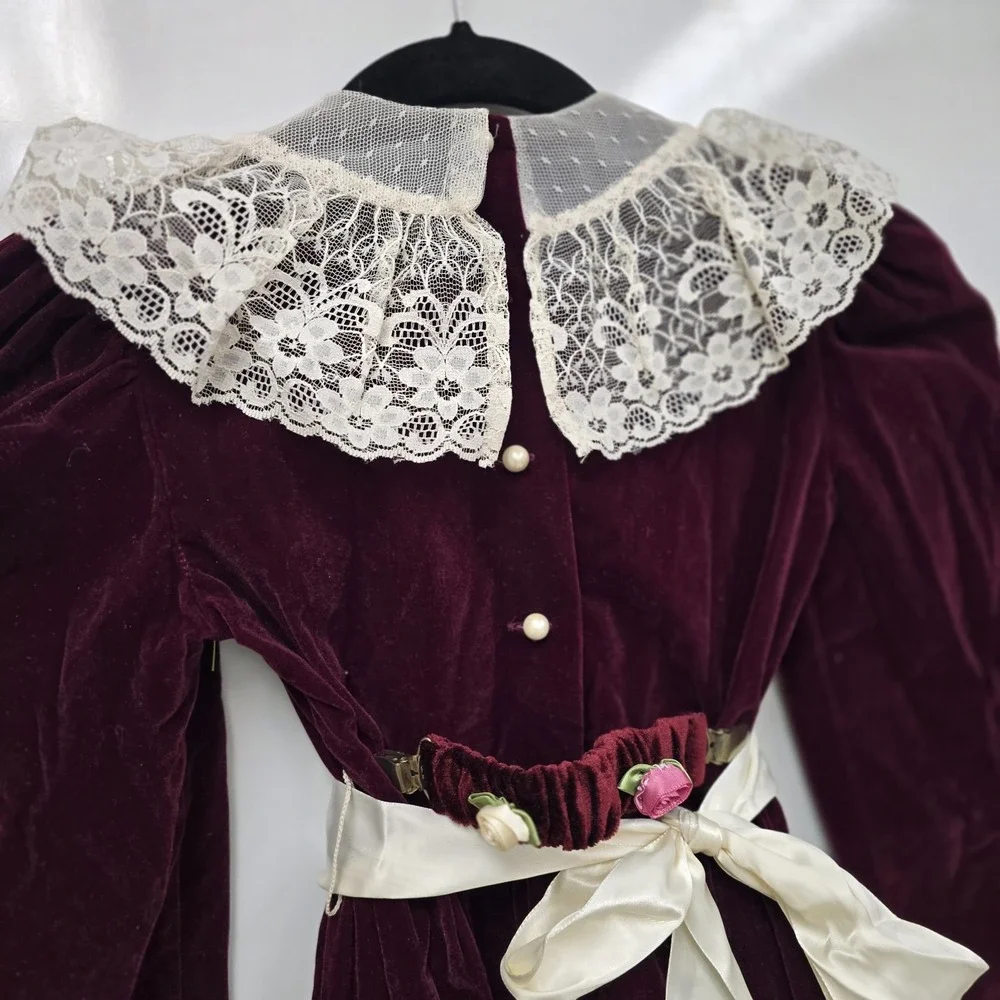 Vintage Sarah Kent Girls Sz 7 Victorian Style Dress Burgundy Ivory Belted Velvet